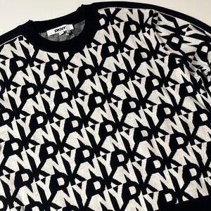 DKNY Repeat Stacked Logo Sweater Sz XL Black White Pullover Cotton Blend Jumper